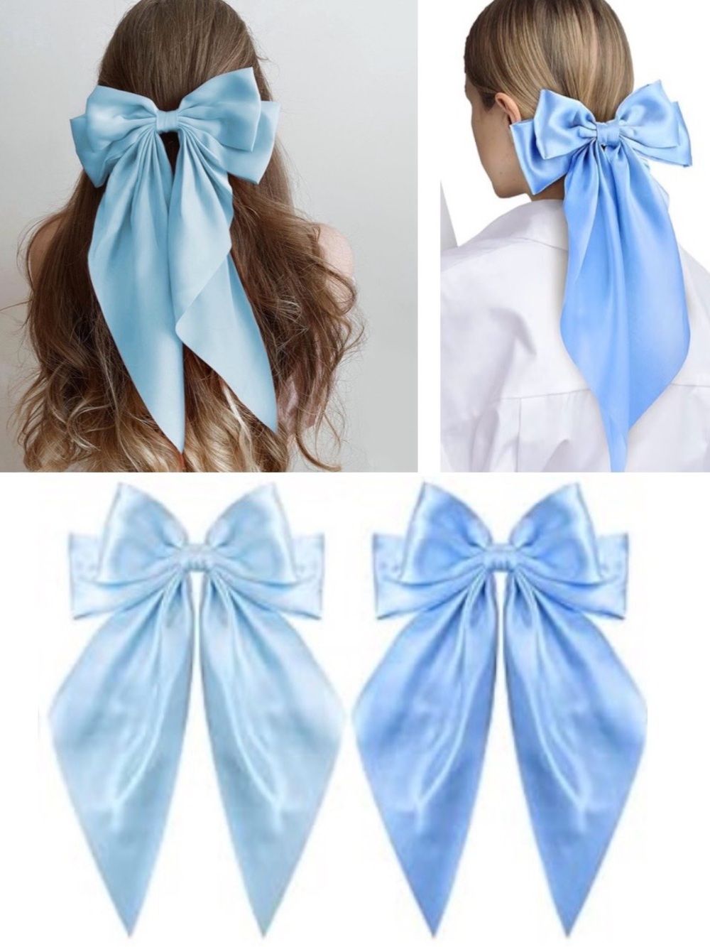 2 Pack - Satin Ribbon Large Hair Bow Clip In Baby Blue & Sky Blue NEW